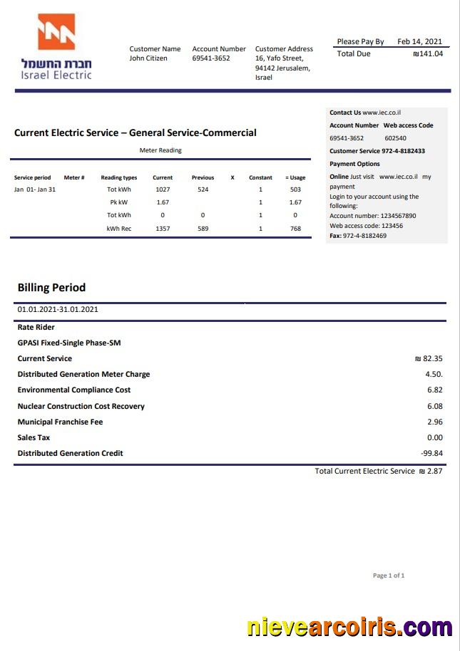 Israel Electric Corporation utility bill